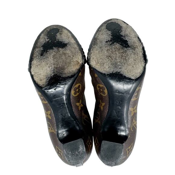 Louis Vuitton Monogram Revival Ankle Boots Size 37 Brown Logo Leather Block Heel - Picture 5 of 8